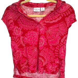 Rachel Zoe 100% Linen V-Neck Collar Short Sleeve Red & Pink Floral Blouse, Sz Sm